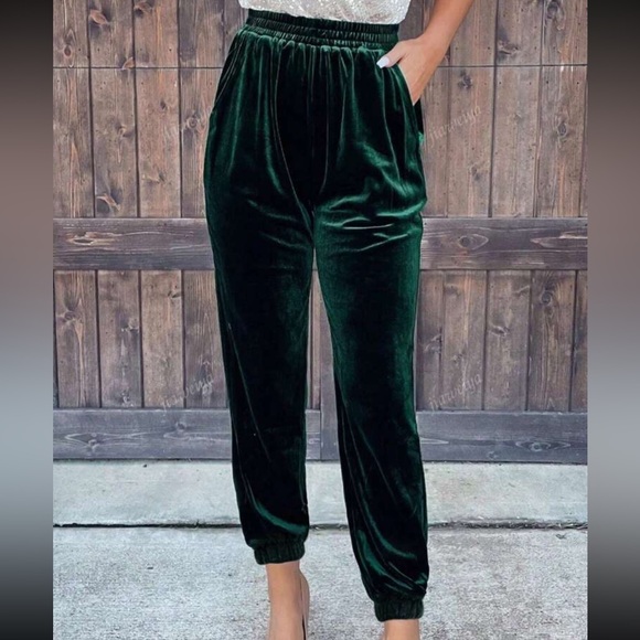 Luxe Velvet Comfy Pockets Elastic High Waist Joggers Pants Green - Picture 1 of 5